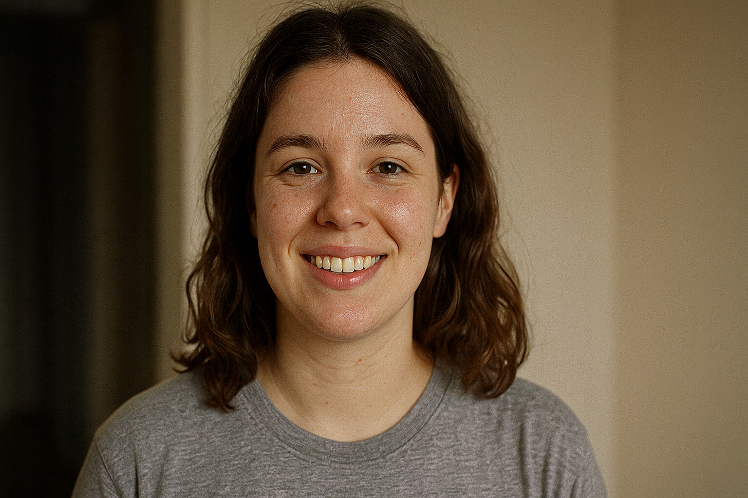 Video still with subtle skin smoothing and eye brightening